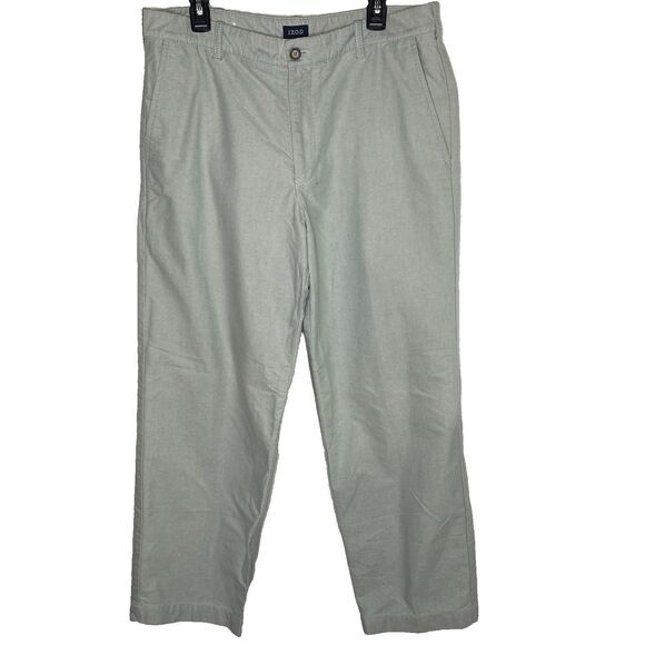 IZOD Pants Chino Flat Front Classic Straight Fit Cotton Casual Mens 36x30 Green - Picture 1 of 7